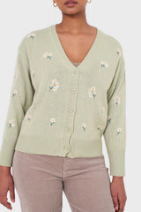 Green embroidered daisies cardigan