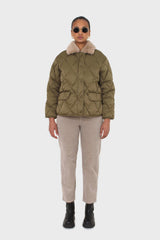 Khaki faux fur collar diamond puffer jacket