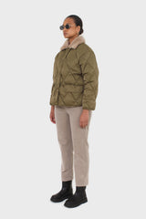 Khaki faux fur collar diamond puffer jacket
