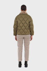 Khaki faux fur collar diamond puffer jacket