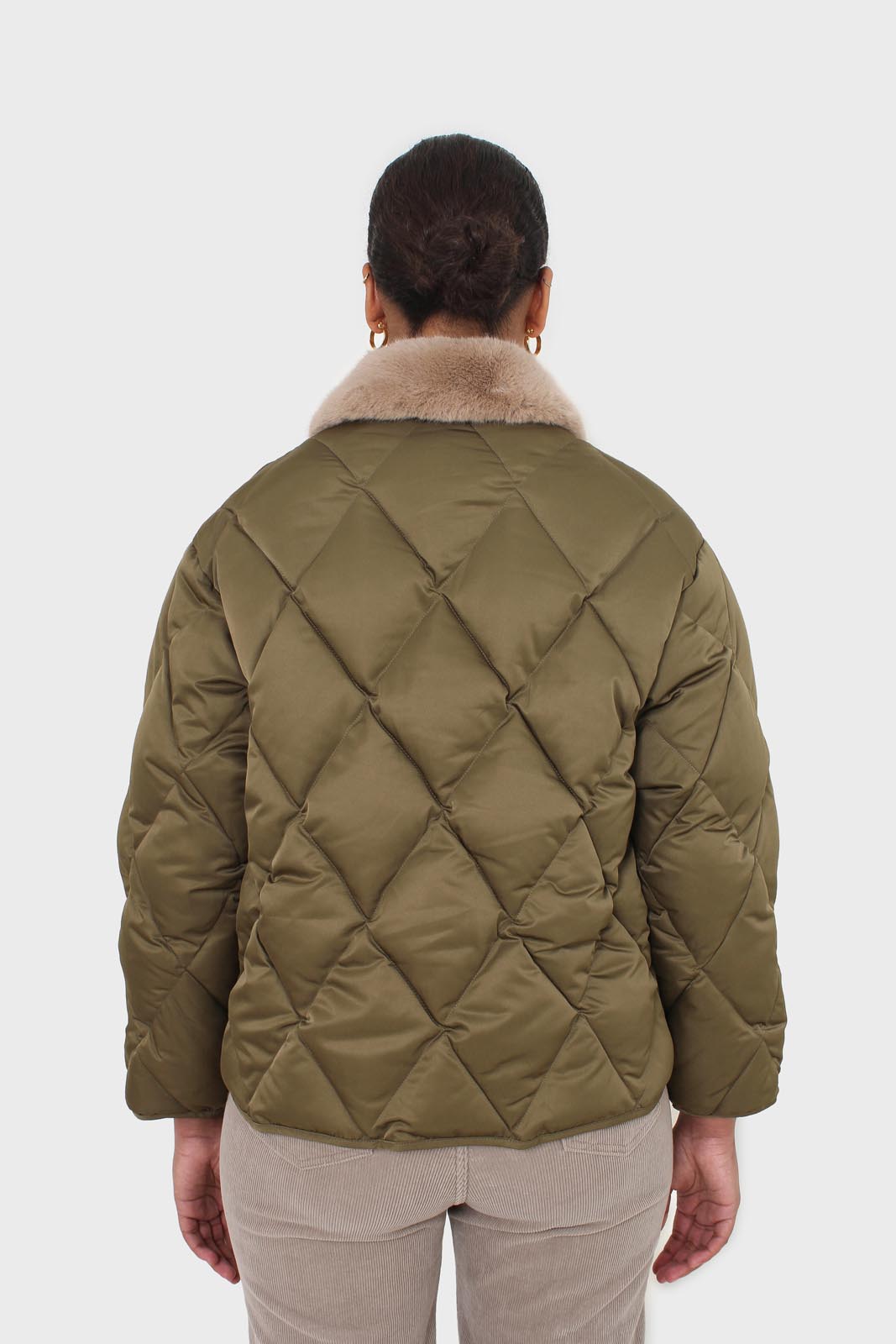 Khaki faux fur collar diamond puffer jacket