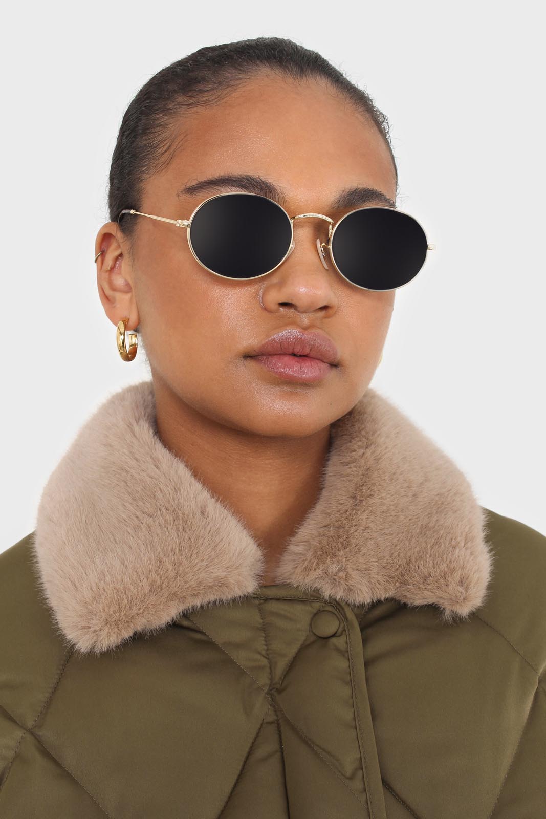 Khaki faux fur collar diamond puffer jacket