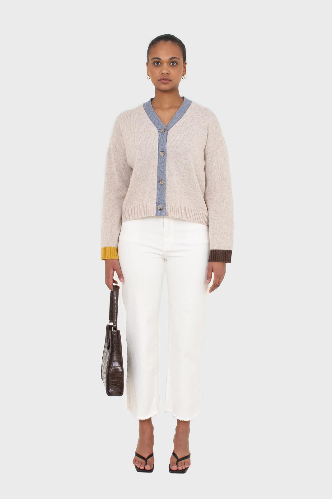 Oatmeal and blue contrast trim cardigan