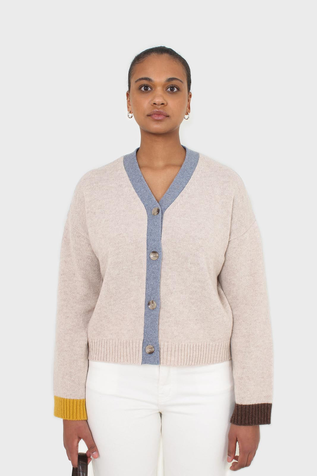 Oatmeal and blue contrast trim cardigan
