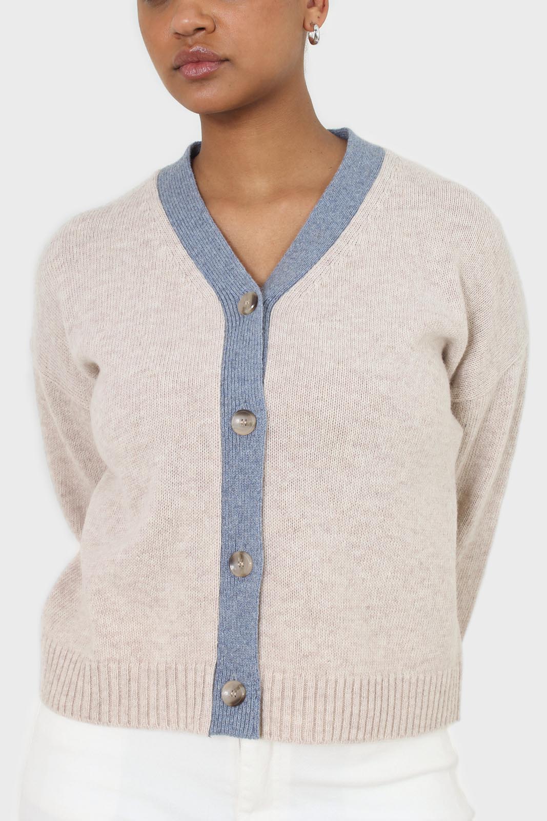 Oatmeal and blue contrast trim cardigan