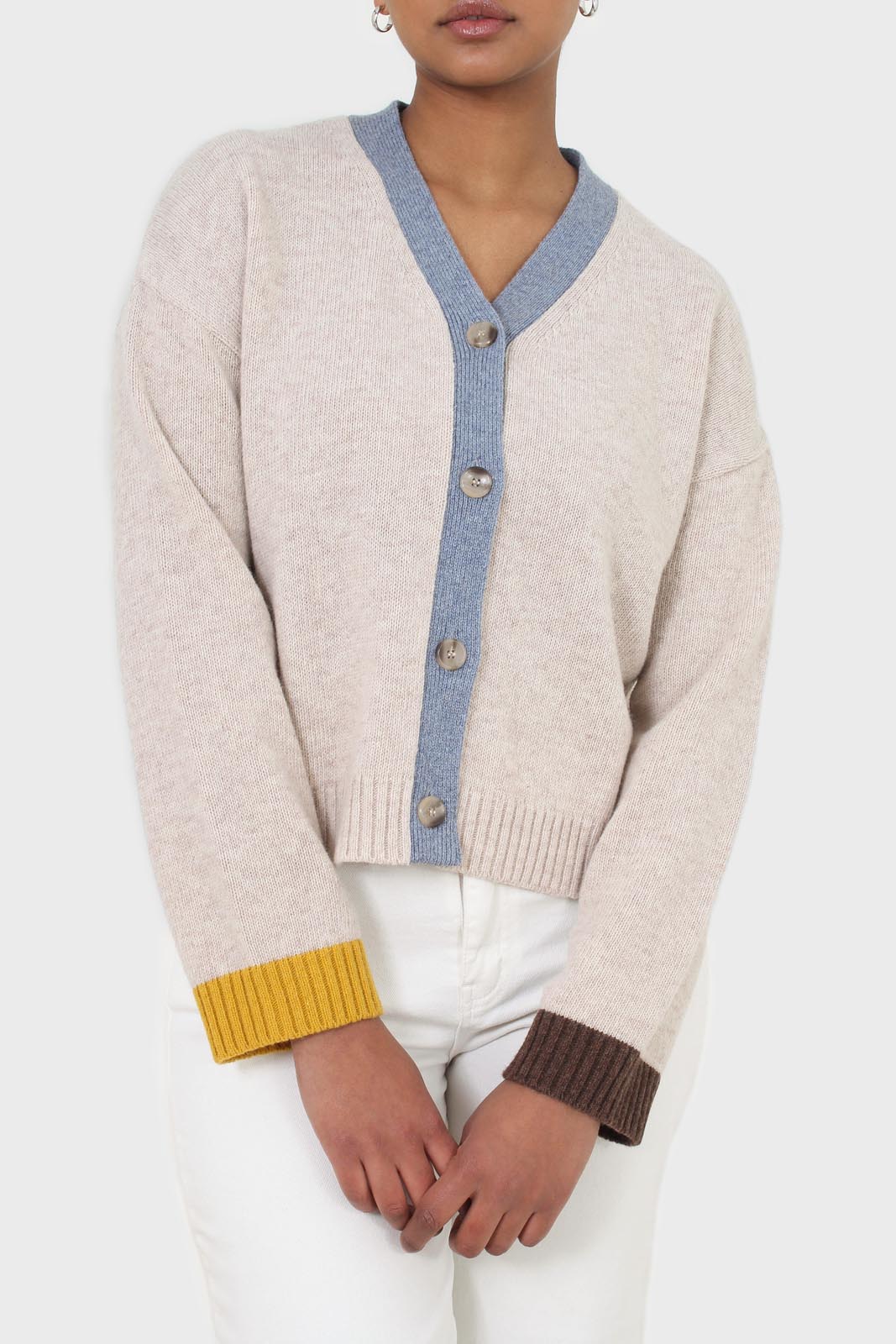 Oatmeal and blue contrast trim cardigan