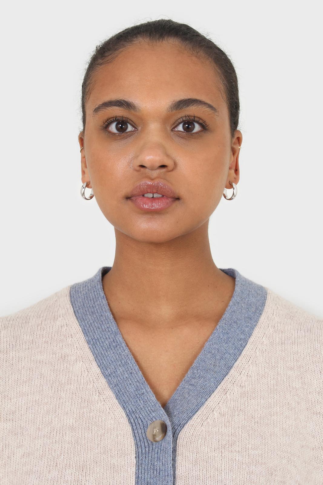 Oatmeal and blue contrast trim cardigan