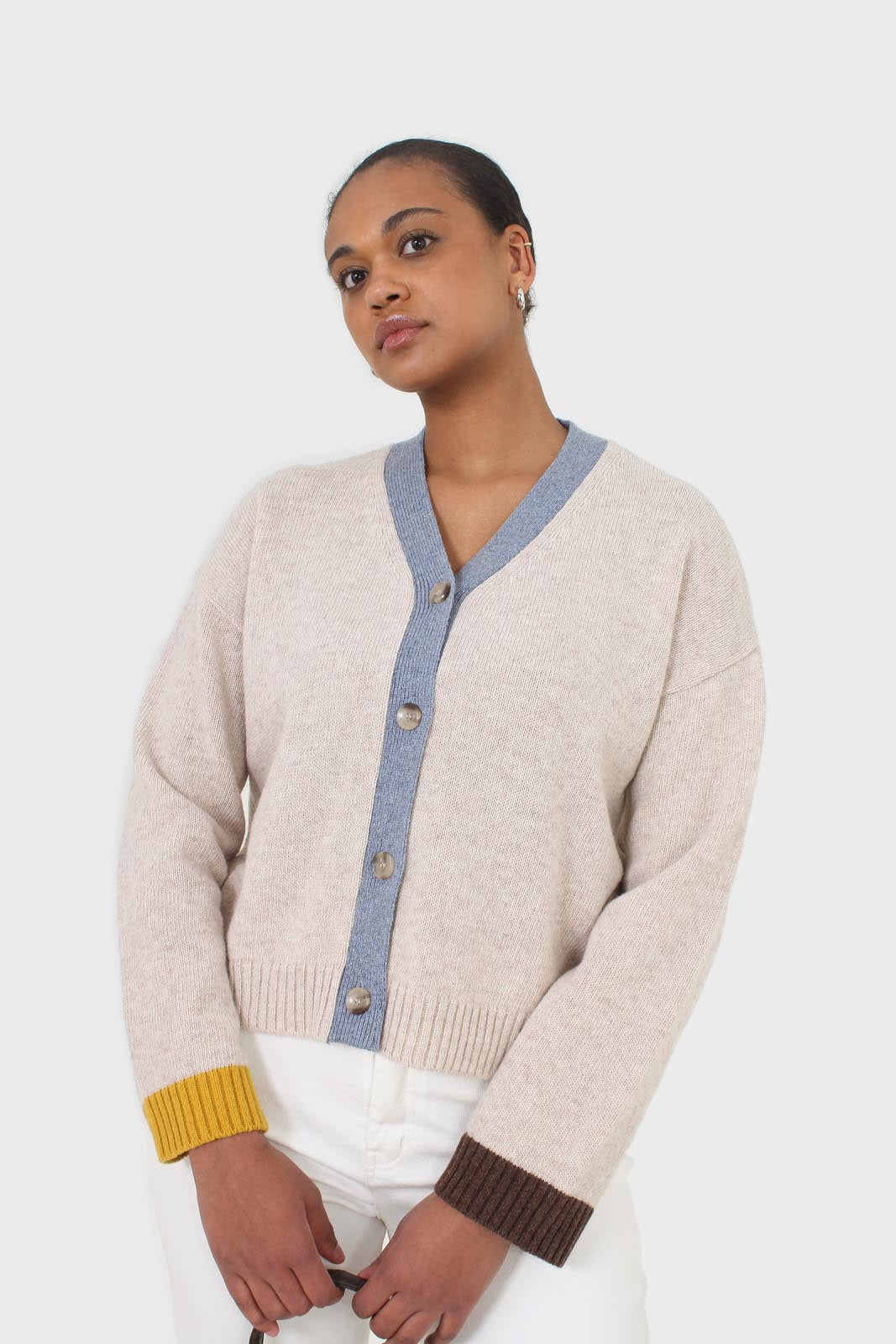 Oatmeal and blue contrast trim cardigan
