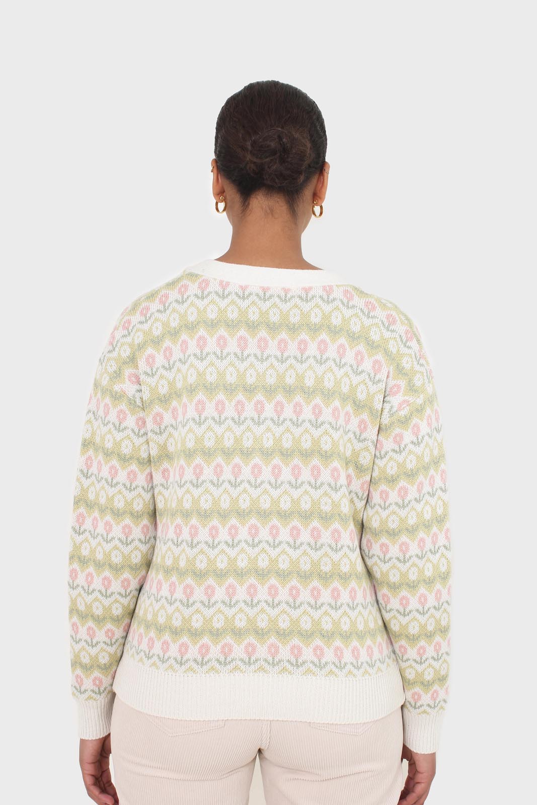 Ivory and lime tiny intarsia tulip cardigan