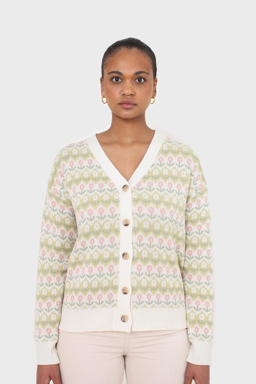 Ivory and lime tiny intarsia tulip cardigan