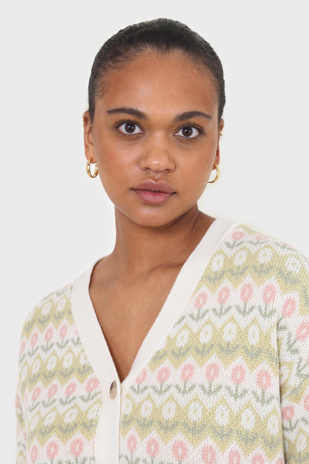Ivory and lime tiny intarsia tulip cardigan