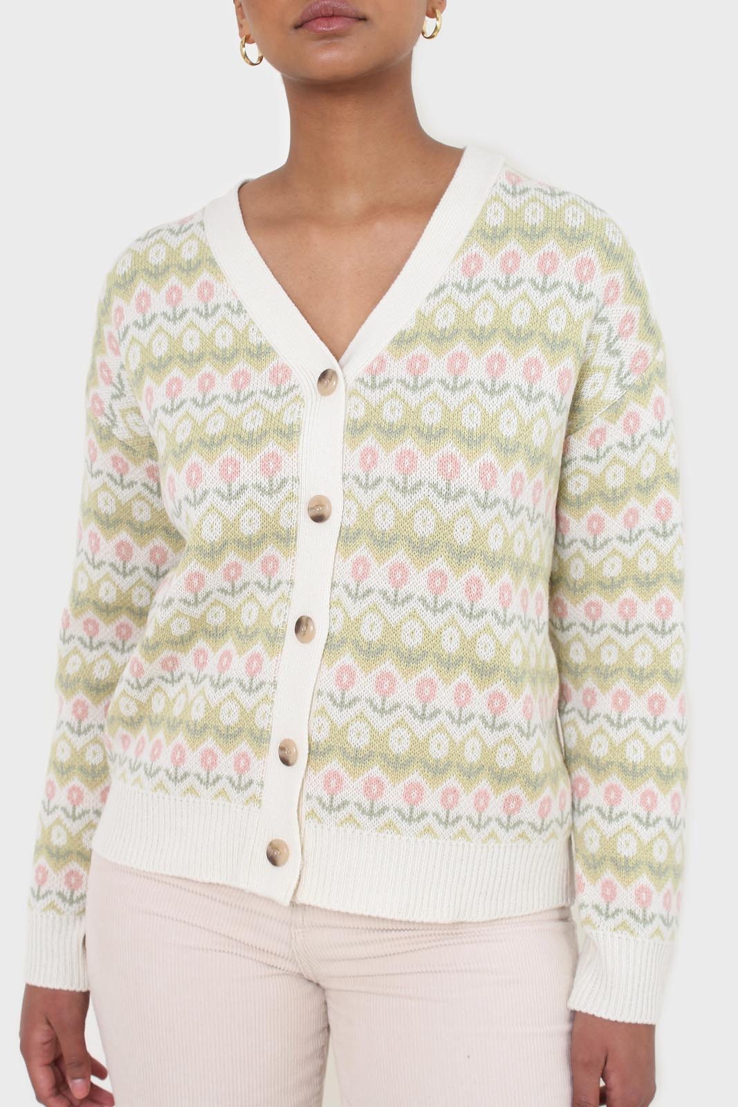 Ivory and lime tiny intarsia tulip cardigan