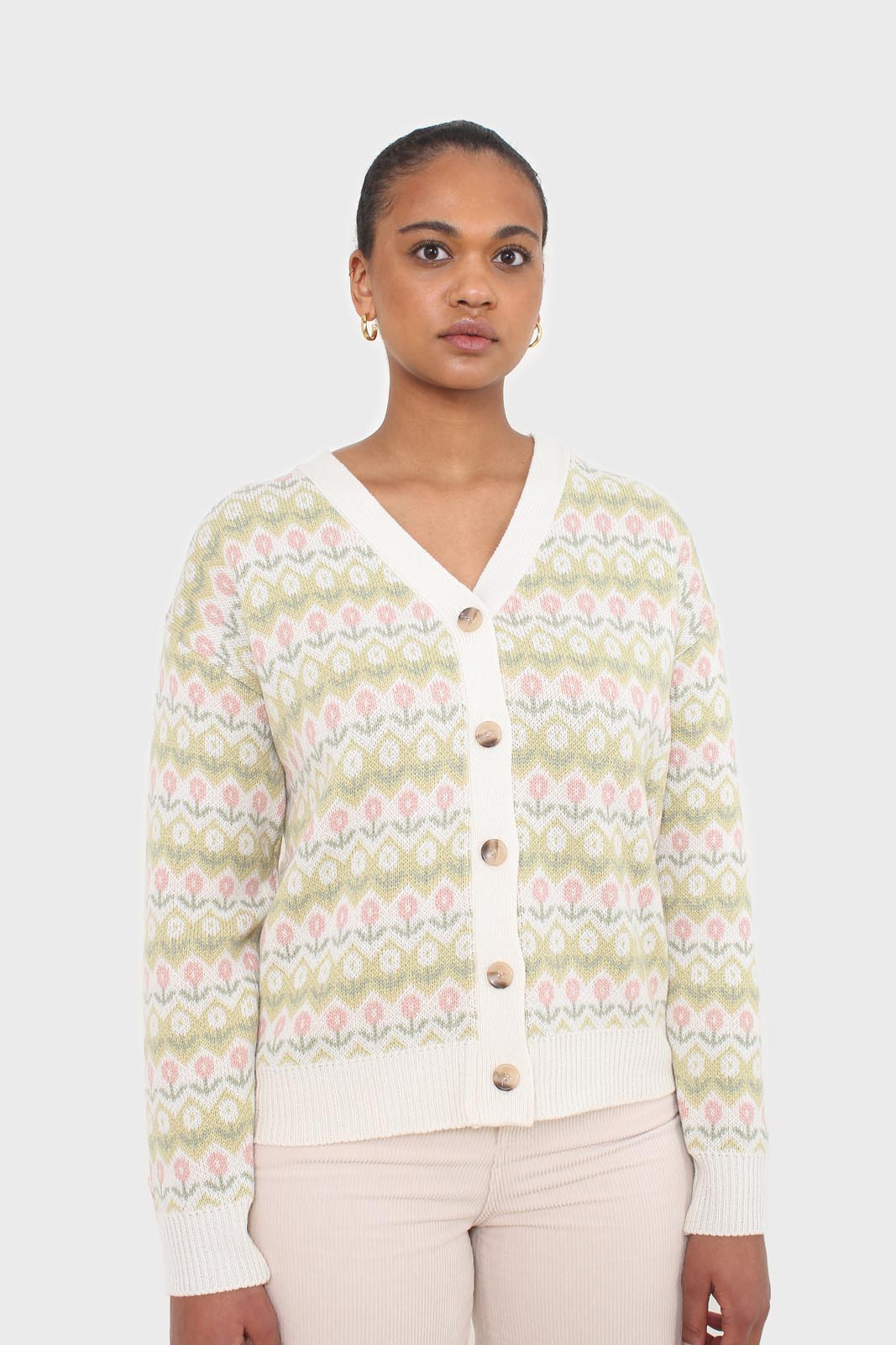 Ivory and lime tiny intarsia tulip cardigan