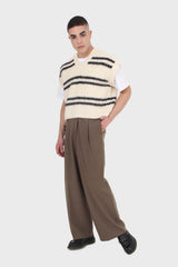 Ivory and black striped wool blend sweater vest