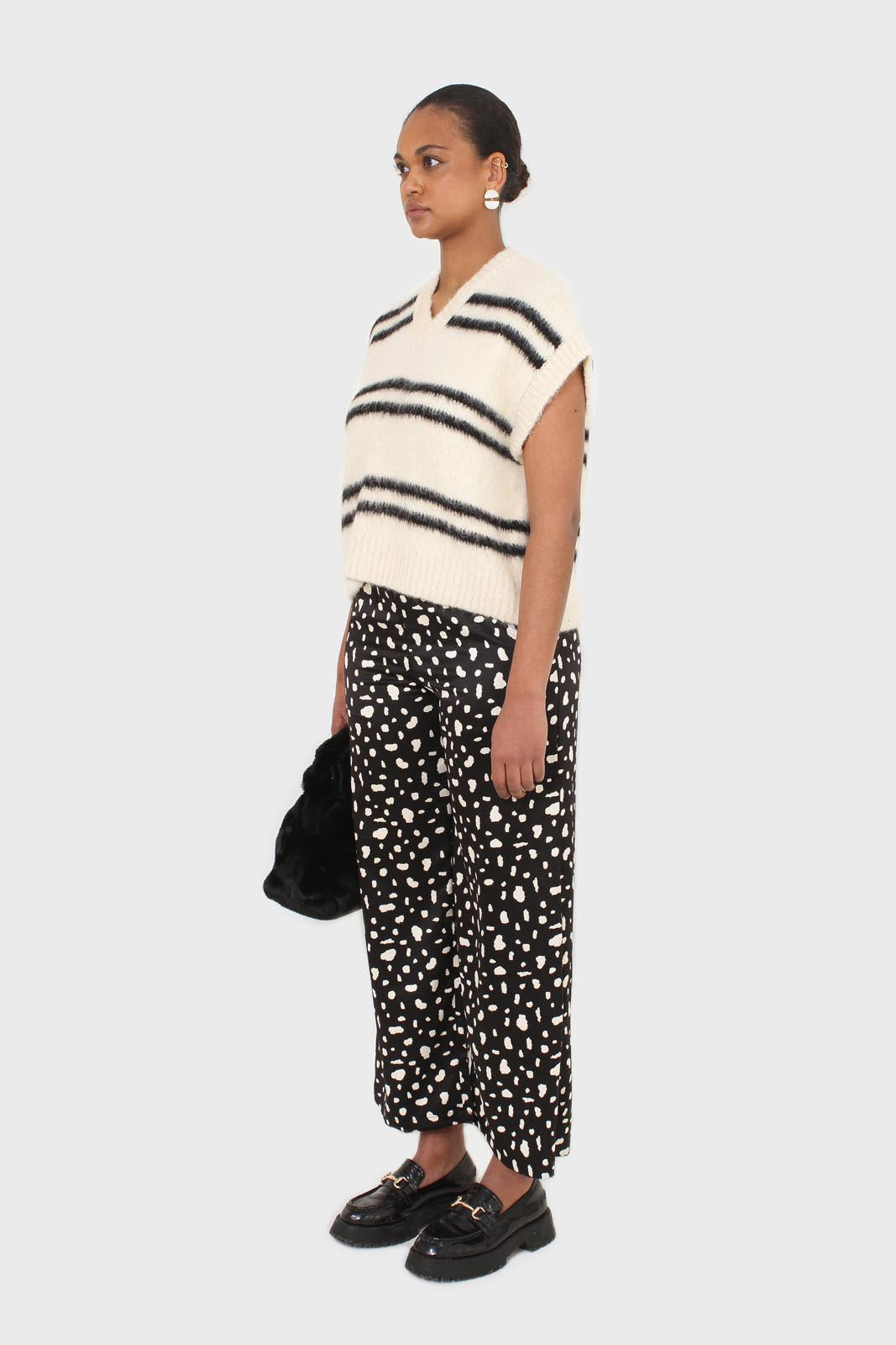 Ivory and black striped wool blend sweater vest