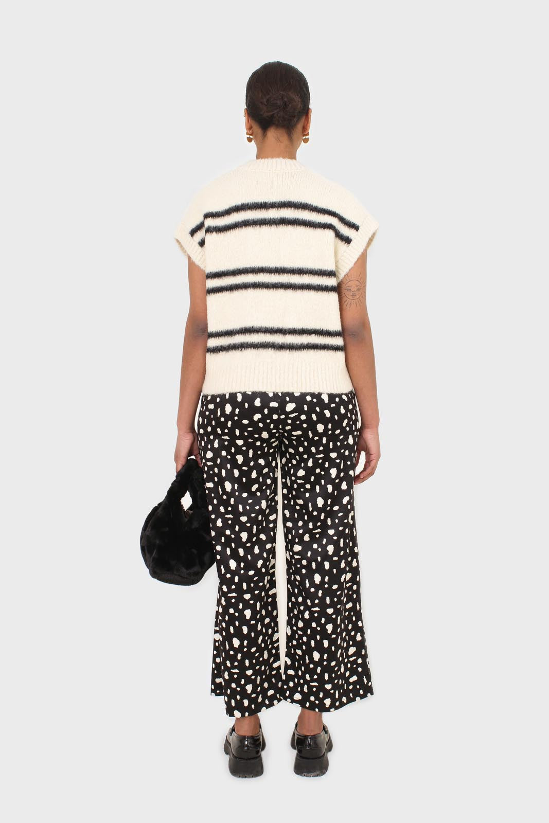 Ivory and black striped wool blend sweater vest