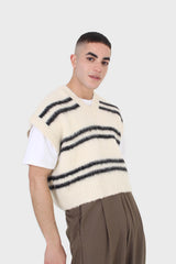 Ivory and black striped wool blend sweater vest