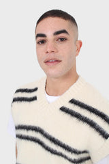 Ivory and black striped wool blend sweater vest