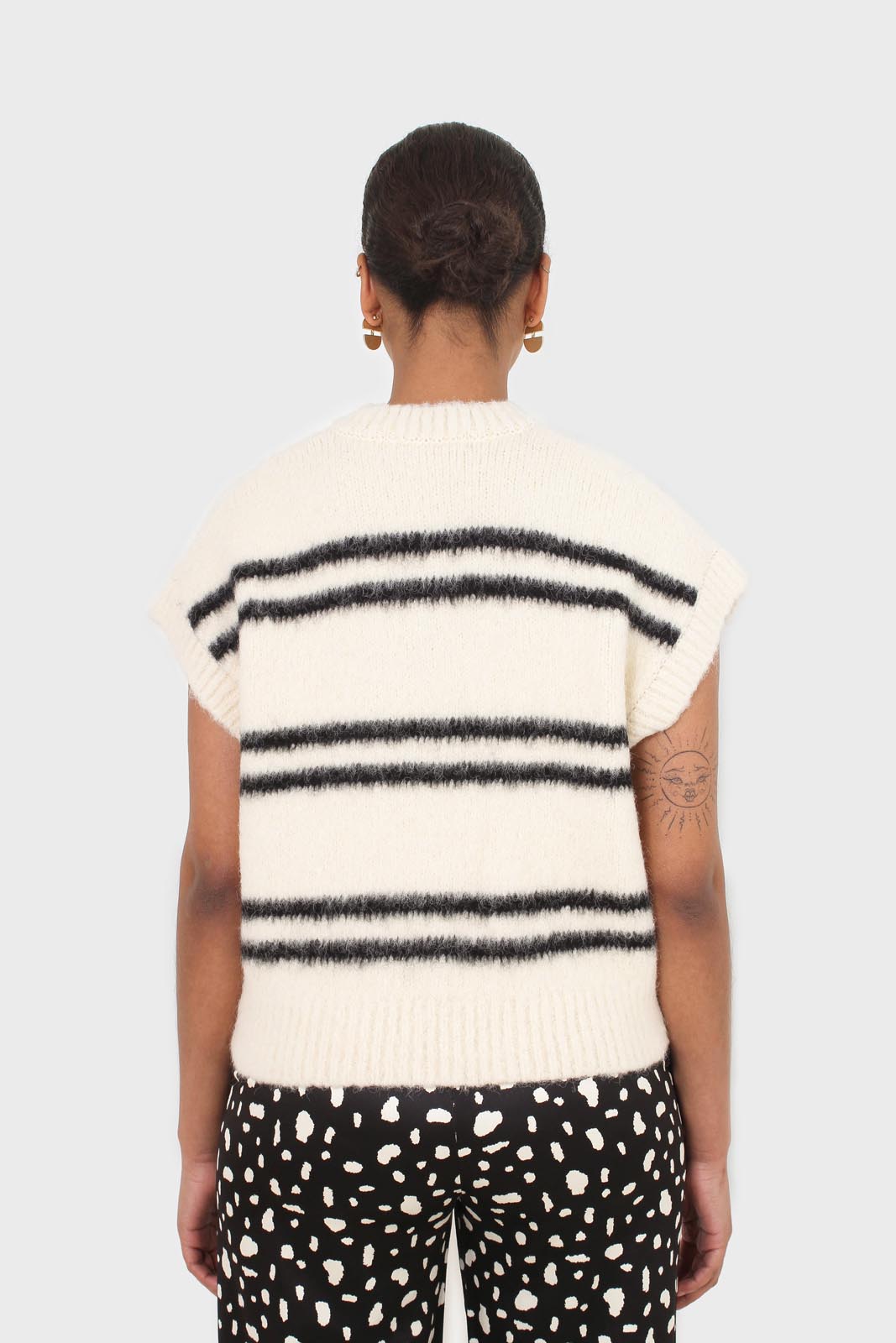 Ivory and black striped wool blend sweater vest
