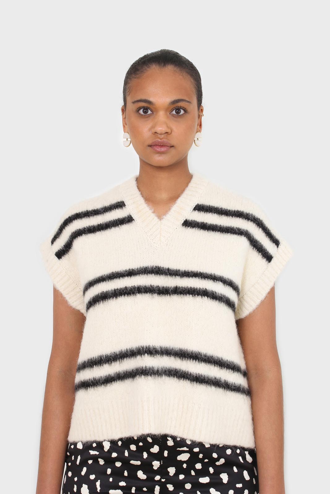 Ivory and black striped wool blend sweater vest