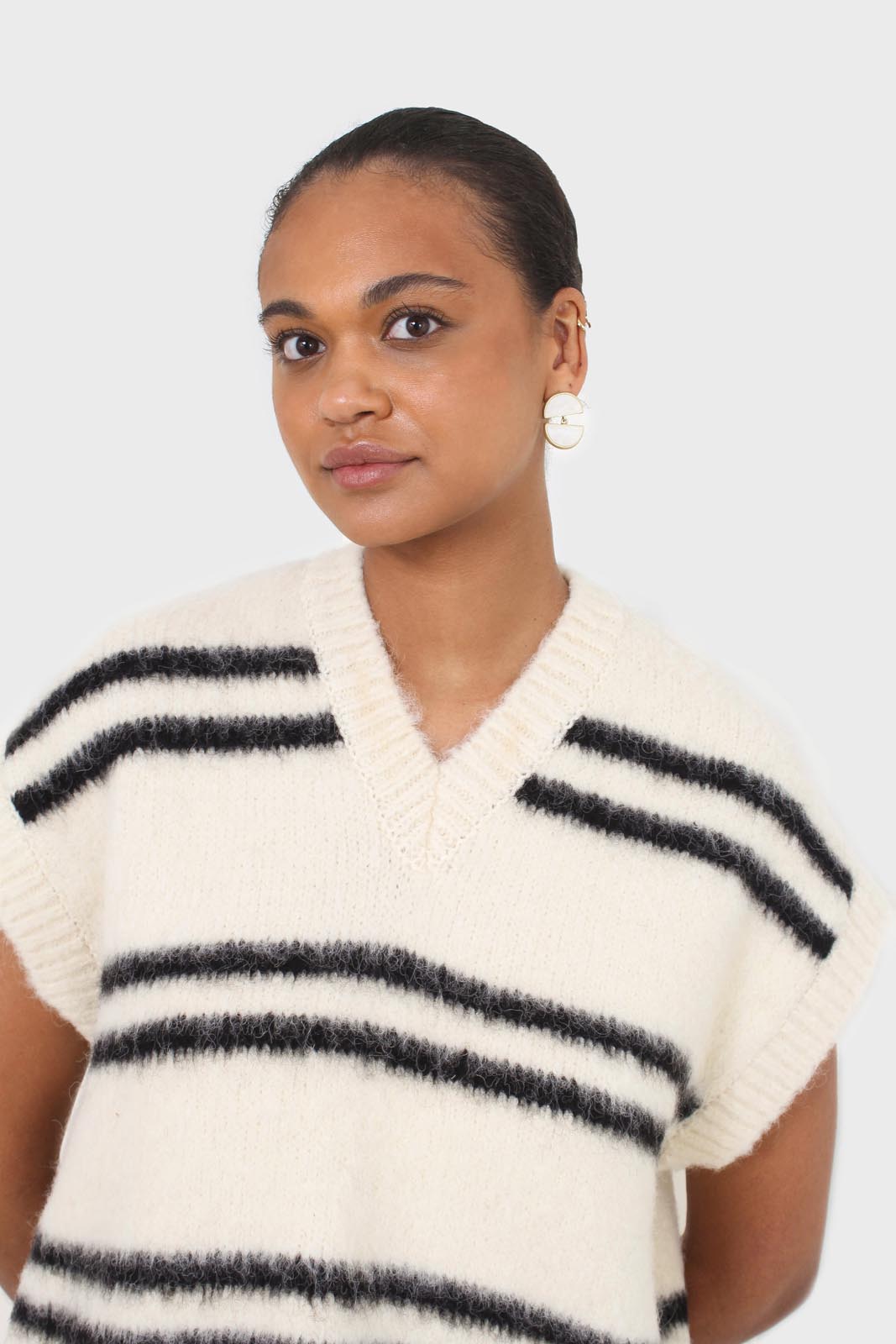 Ivory and black striped wool blend sweater vest