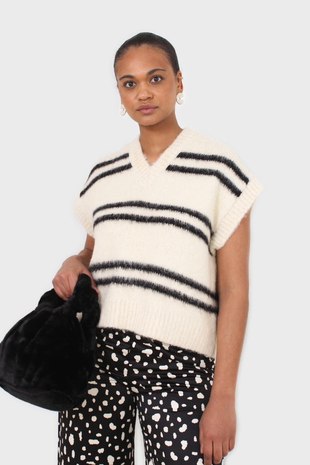 Ivory and black striped wool blend sweater vest