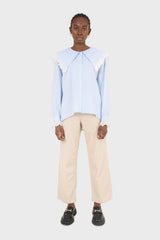 Blue large pointed collar cotton blouse