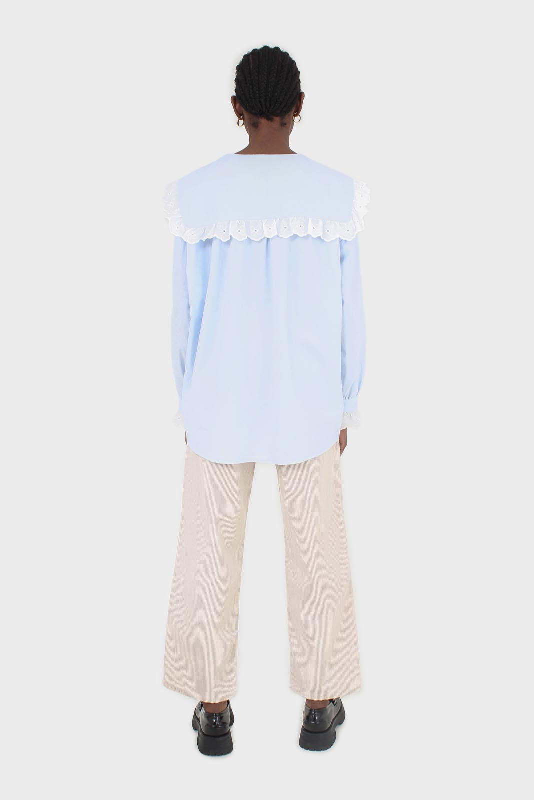 Blue large pointed collar cotton blouse
