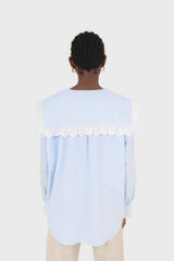 Blue large pointed collar cotton blouse