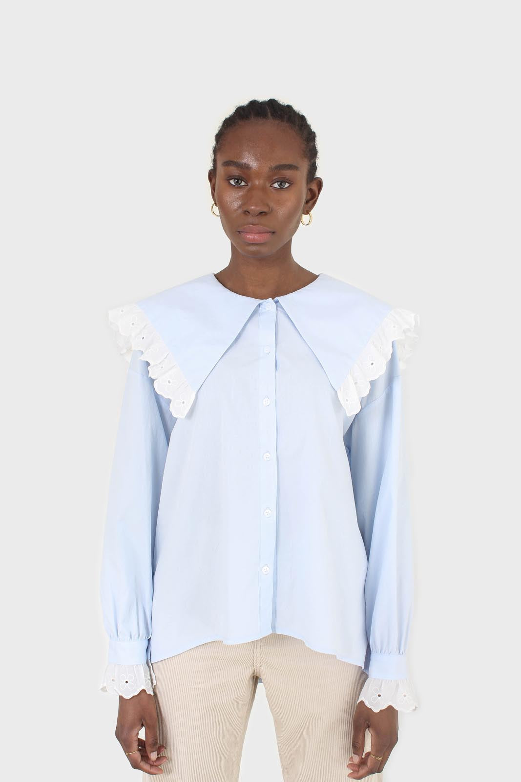 Blue large pointed collar cotton blouse