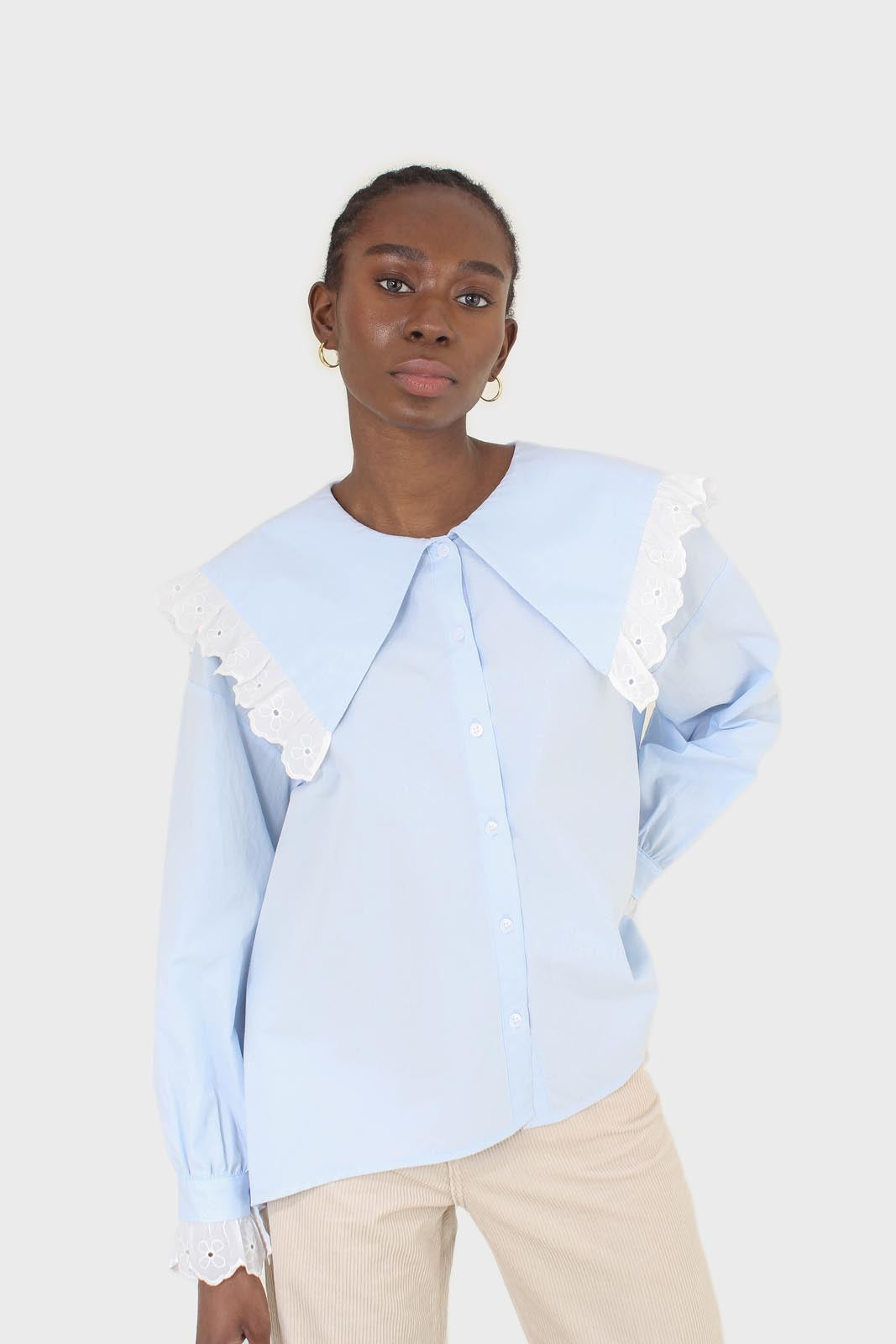 Blue large pointed collar cotton blouse