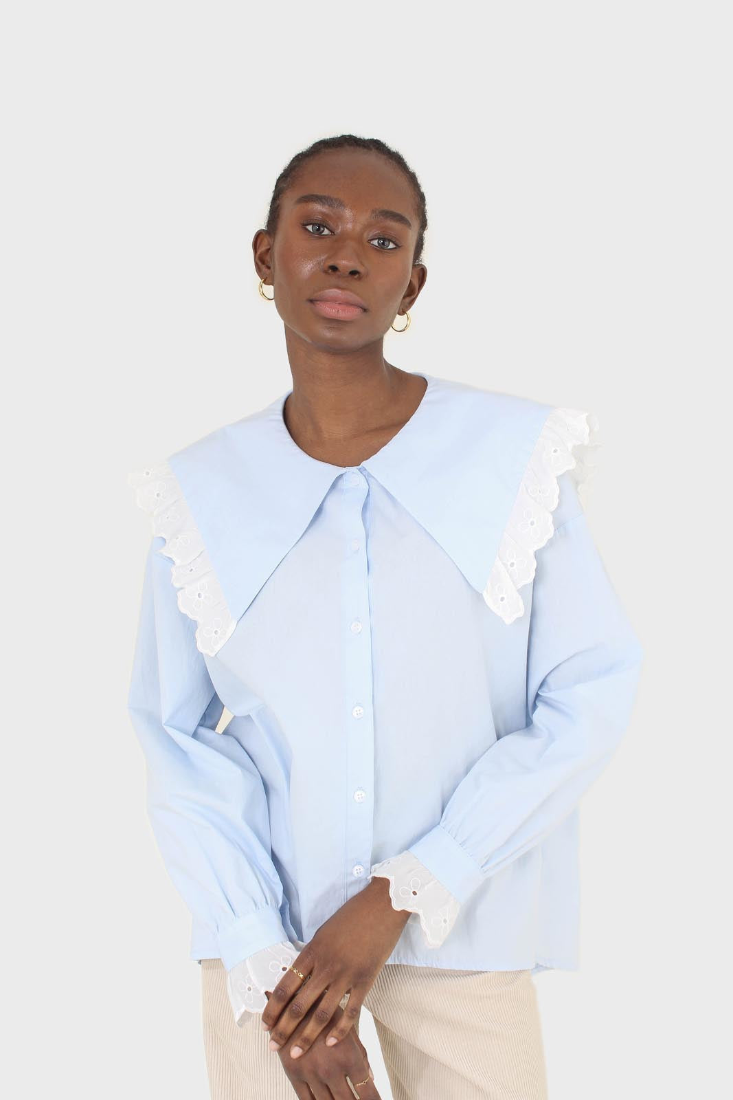 Blue large pointed collar cotton blouse