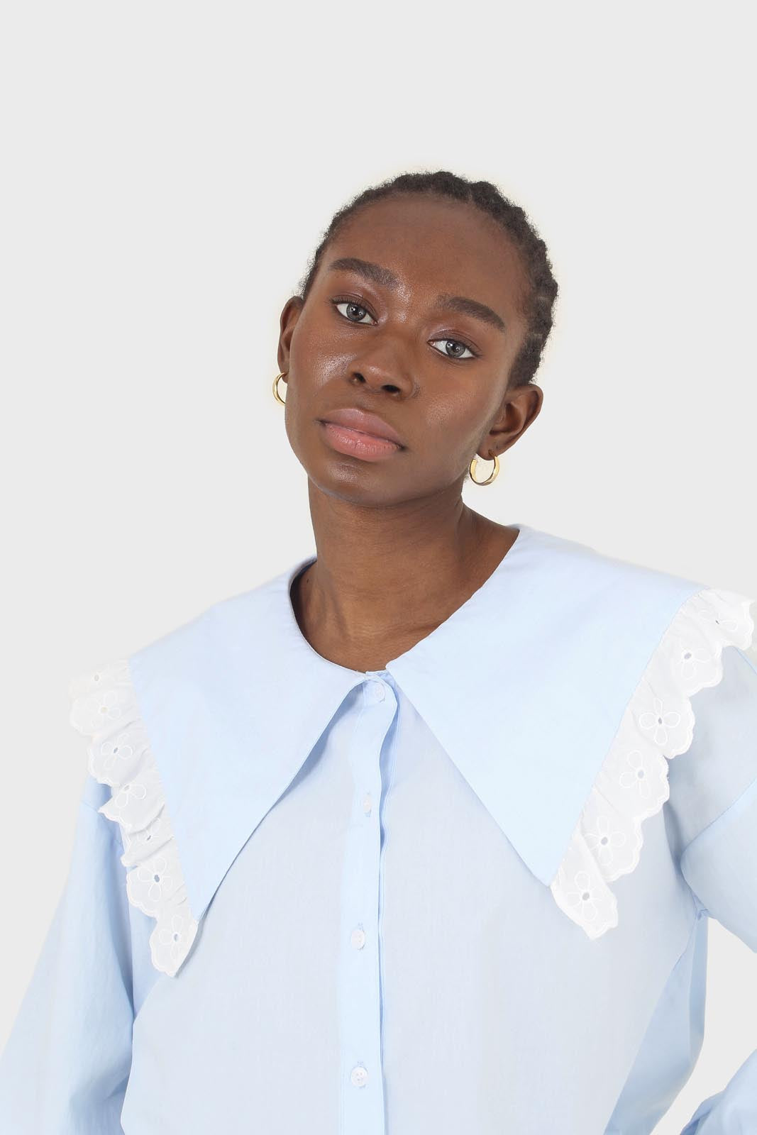 Blue large pointed collar cotton blouse