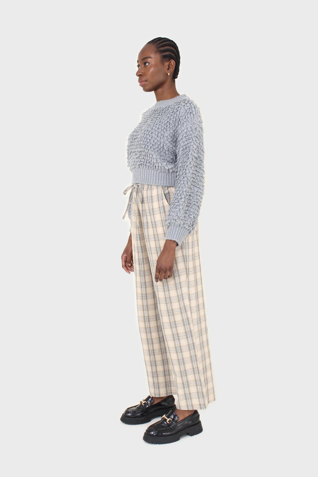 Beige and khaki plaid loose fit trousers