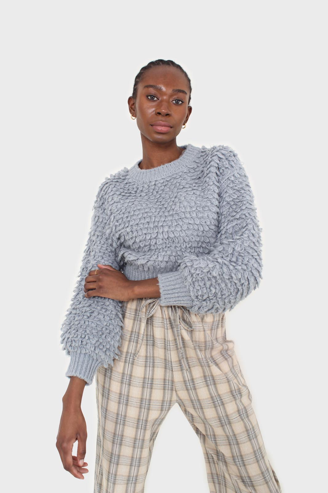 Beige and khaki plaid loose fit trousers