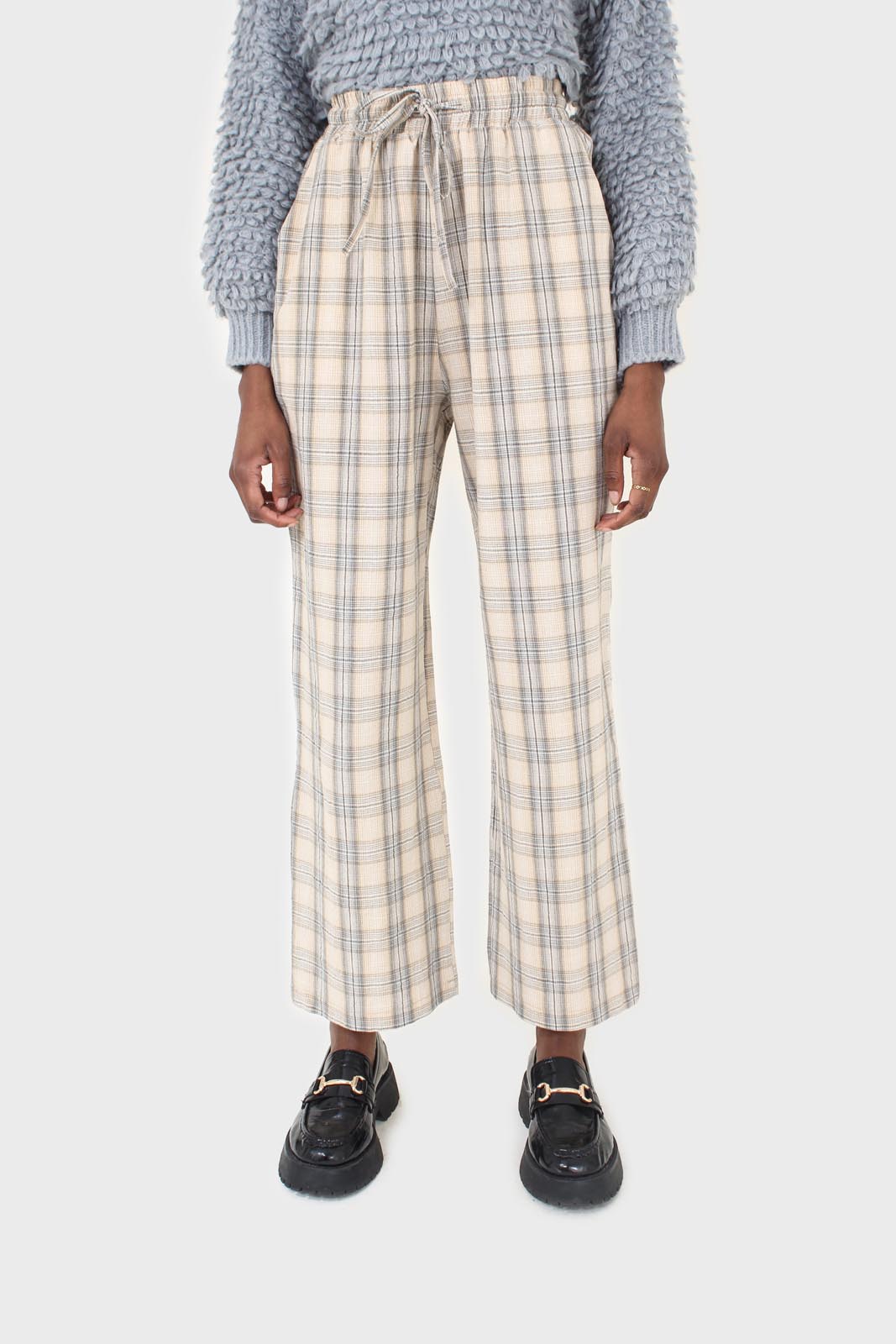Beige and khaki plaid loose fit trousers