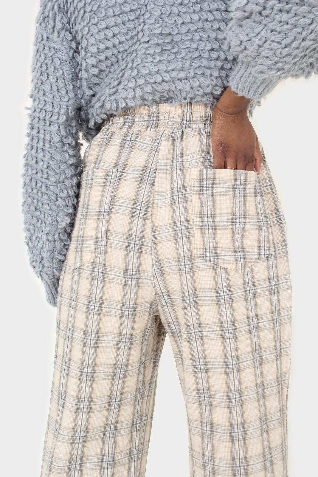 Beige and khaki plaid loose fit trousers