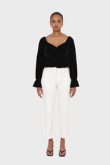 Black velvet smocked crop off shoulder top