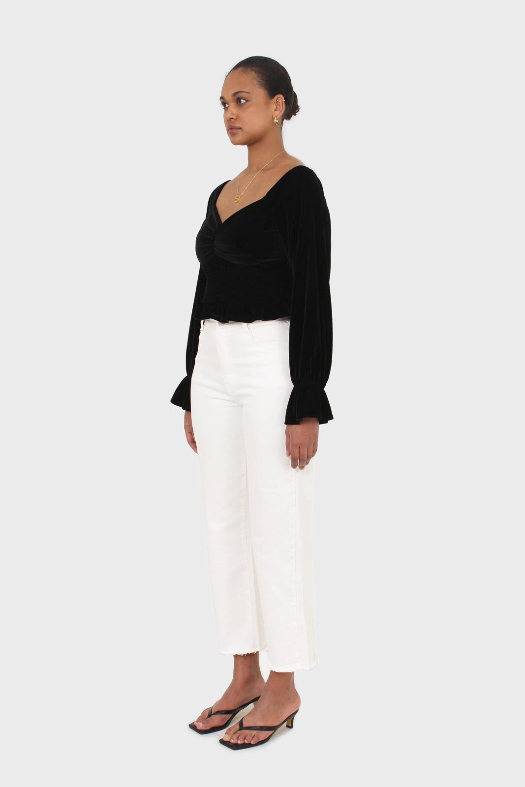 Black velvet smocked crop off shoulder top