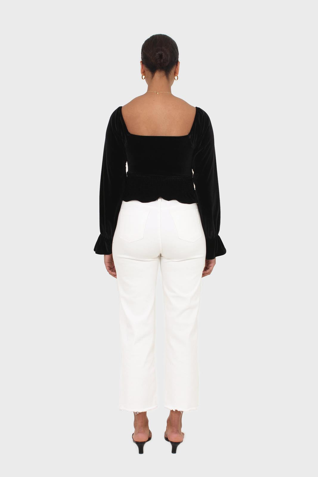 Black velvet smocked crop off shoulder top