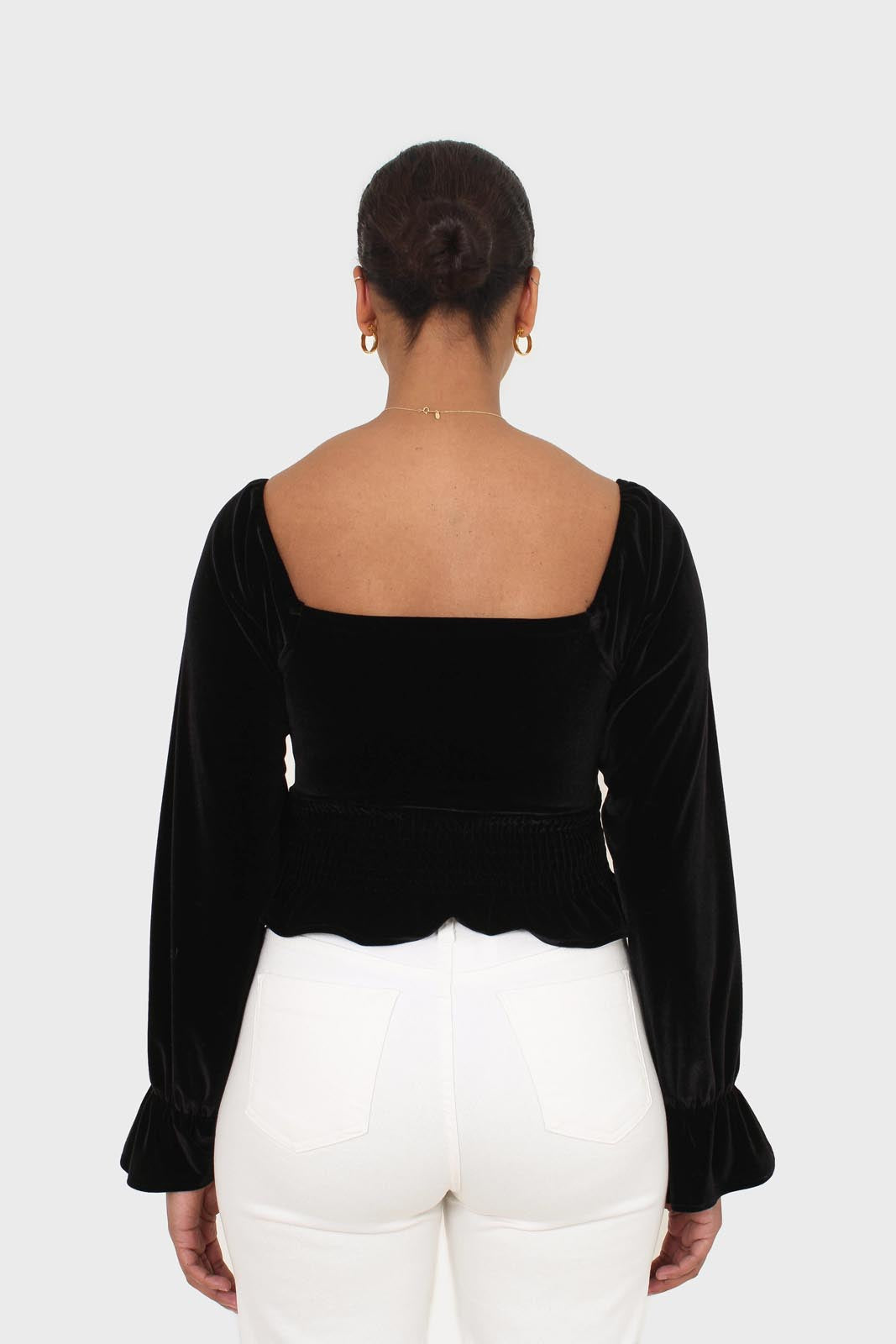 Black velvet smocked crop off shoulder top