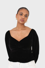 Black velvet smocked crop off shoulder top