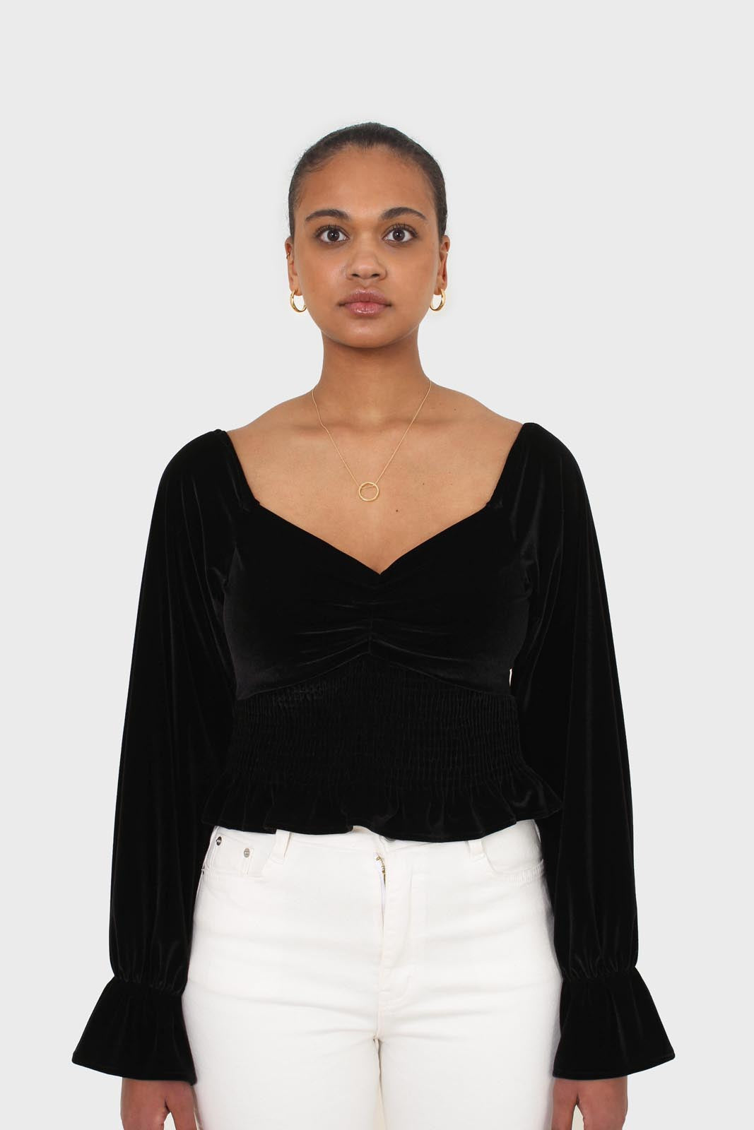Black velvet smocked crop off shoulder top