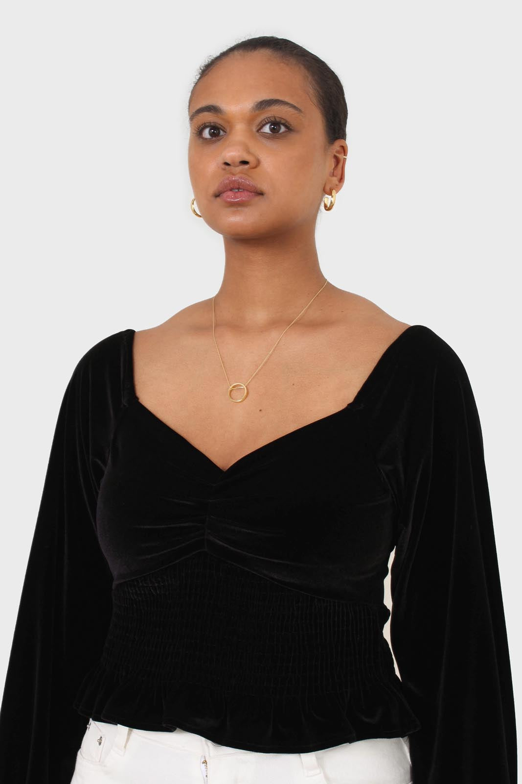 Black velvet smocked crop off shoulder top