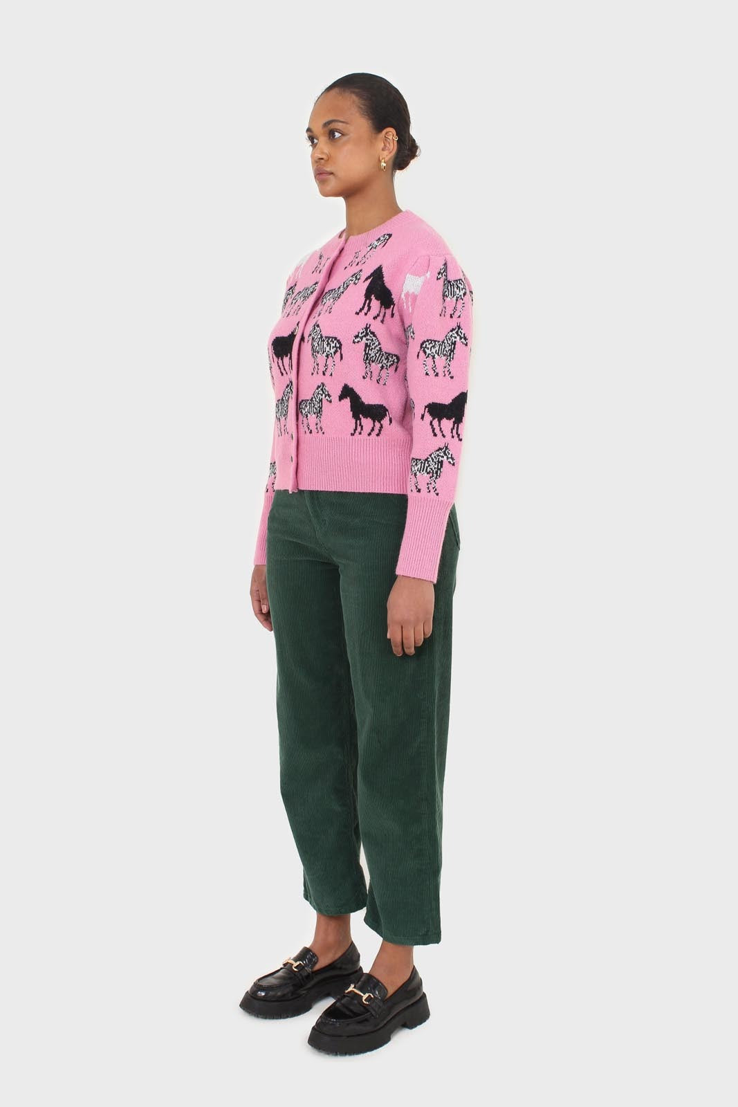 Pink zebra intarsia puff sleeved cardigan