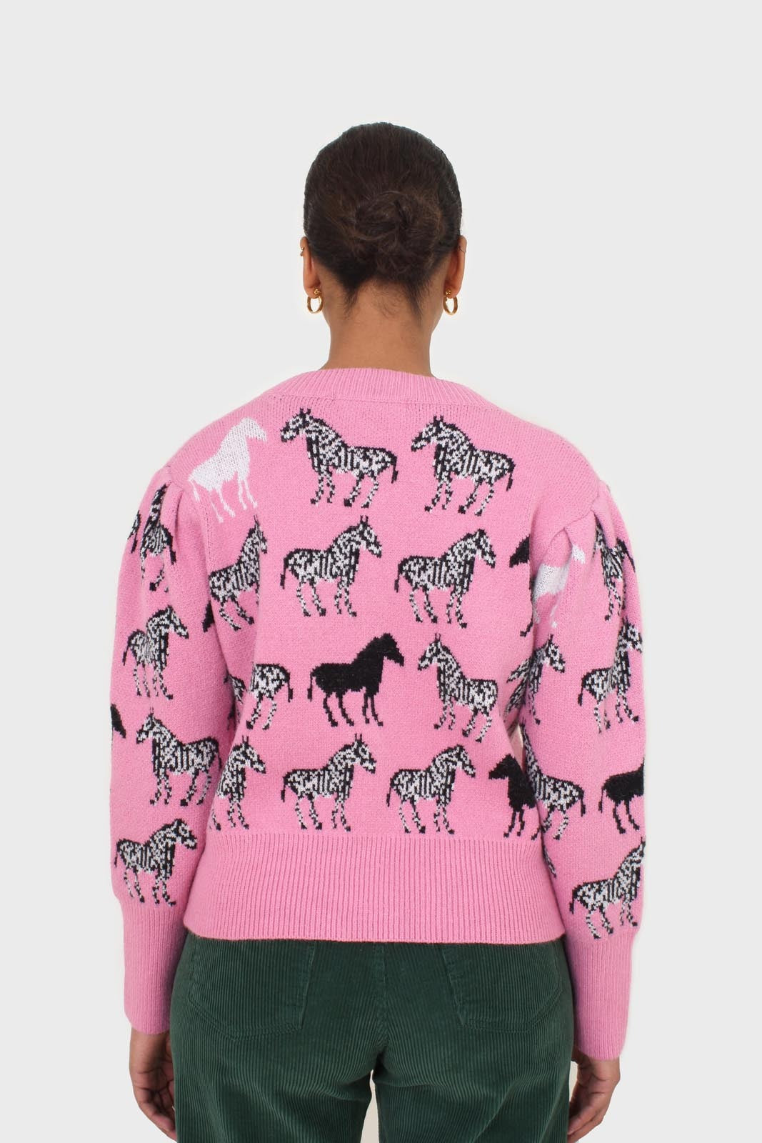 Pink zebra intarsia puff sleeved cardigan