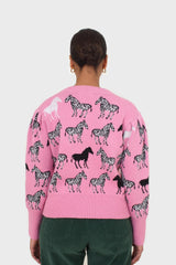 Pink zebra intarsia puff sleeved cardigan
