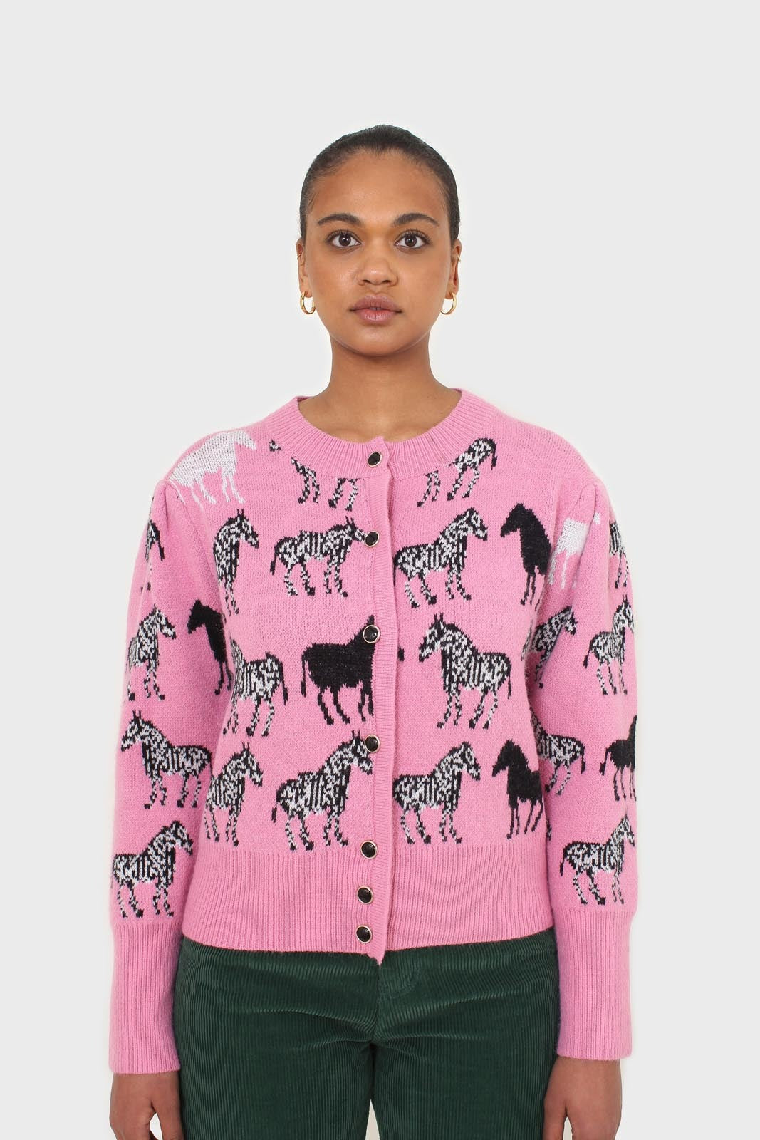 Pink zebra intarsia puff sleeved cardigan