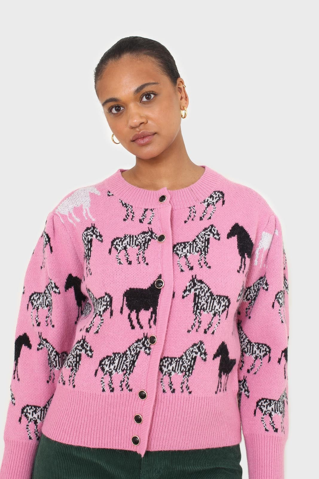 Pink zebra intarsia puff sleeved cardigan
