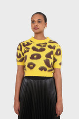 Yellow and brown brushed leopard knit tee